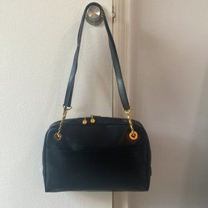 Celine Navy Blue Leather Shoulder Bag with Gold Tone Hardware